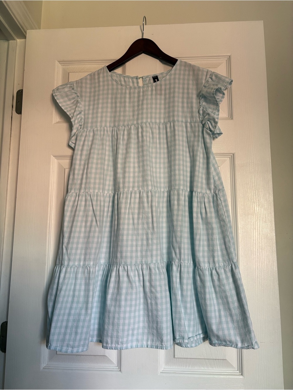 Design Lab Lord & Taylor Light Blue Gingham Tiered Mini Dress